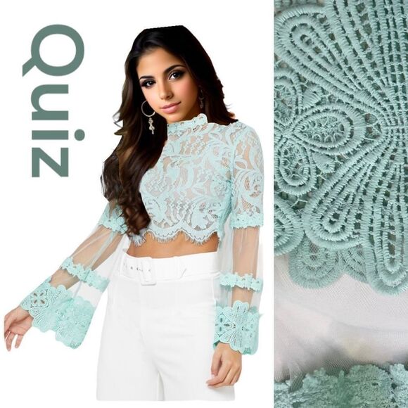 Quiz Mint Lace Mesh Long Sleeve Crop Top Women’s Sheer Lace Crop Top Medium - Picture 1 of 16